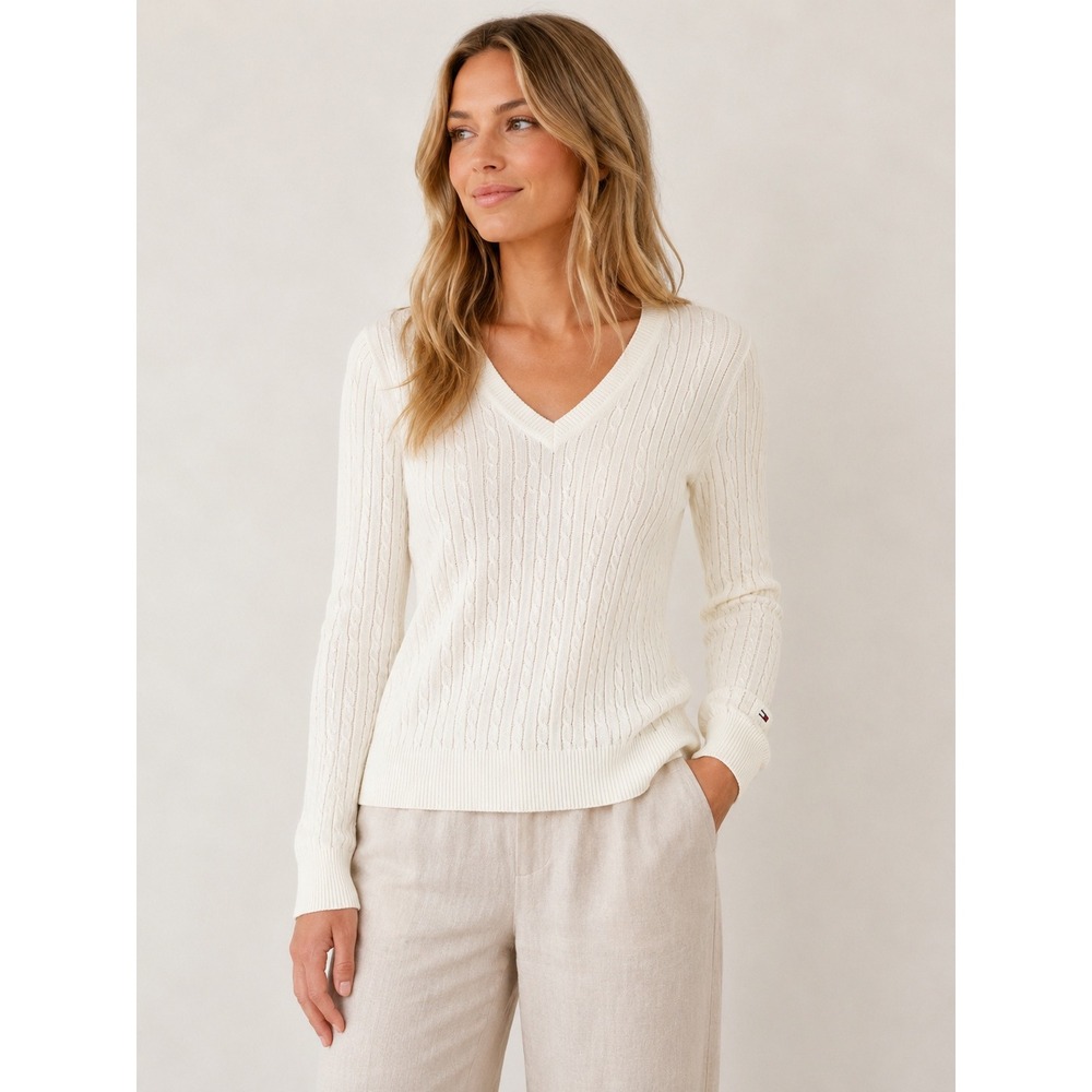 Tommy Hilfiger Sweater Womens Medium Cream Cotton Cable Knit V-Neck Preppy Logo